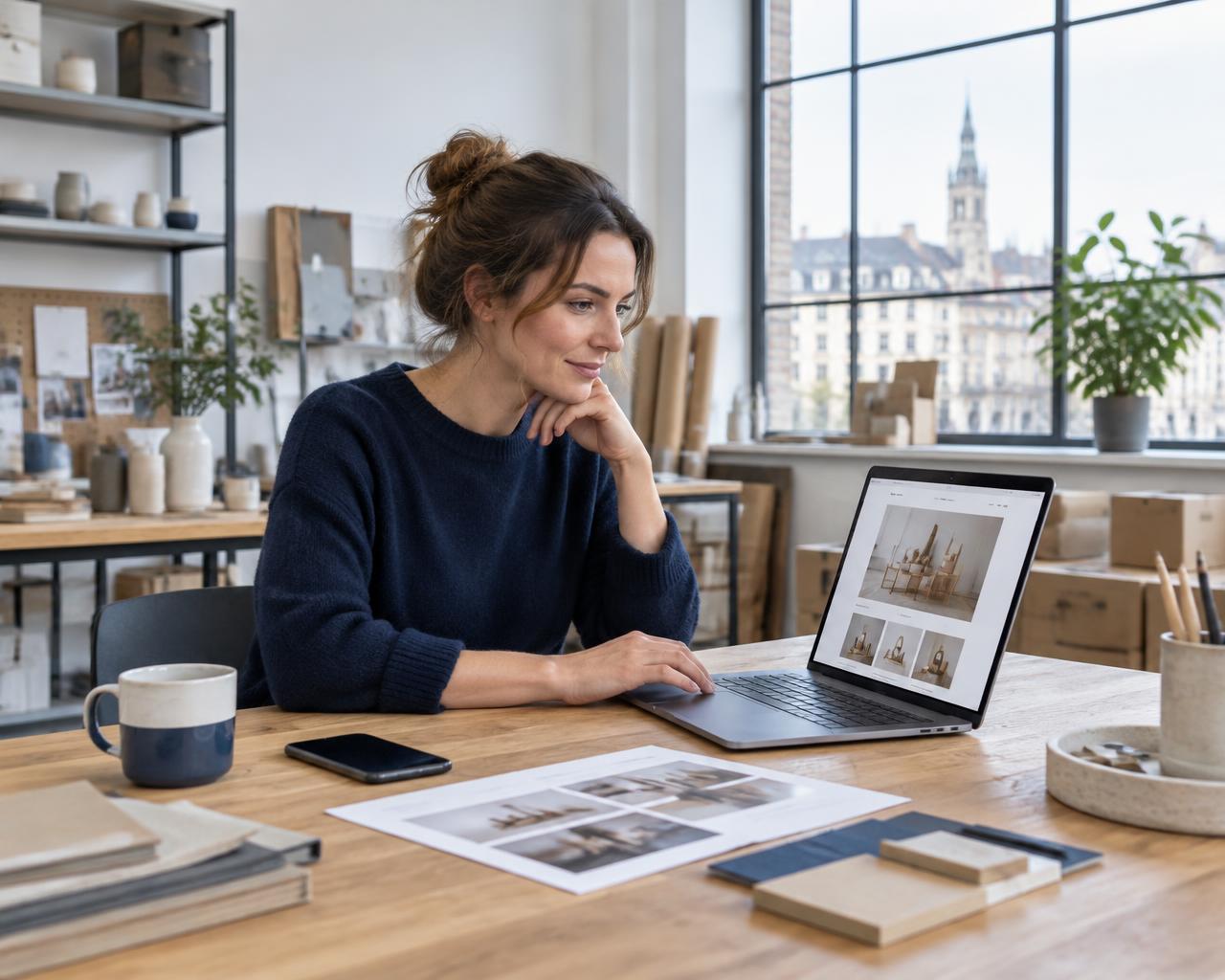 Ondernemer bekijkt haar nieuwe website in haar atelier
